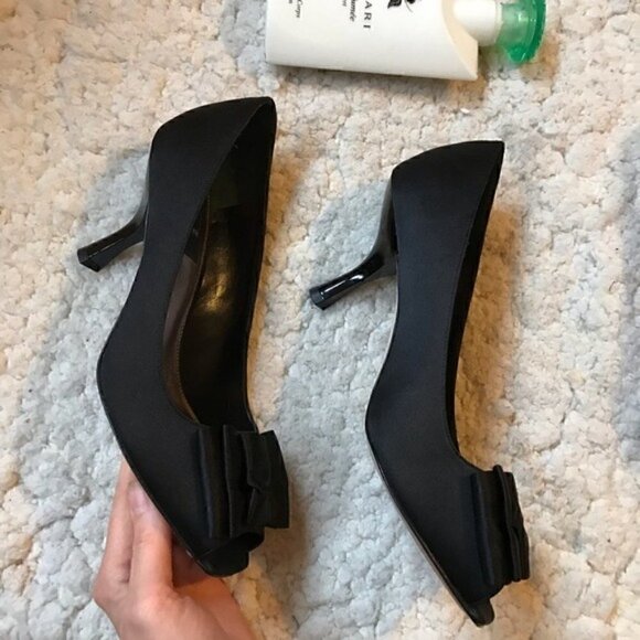 GLINT: 3" Black Satin Bow Peep Toe Heels - Picture 5 of 8